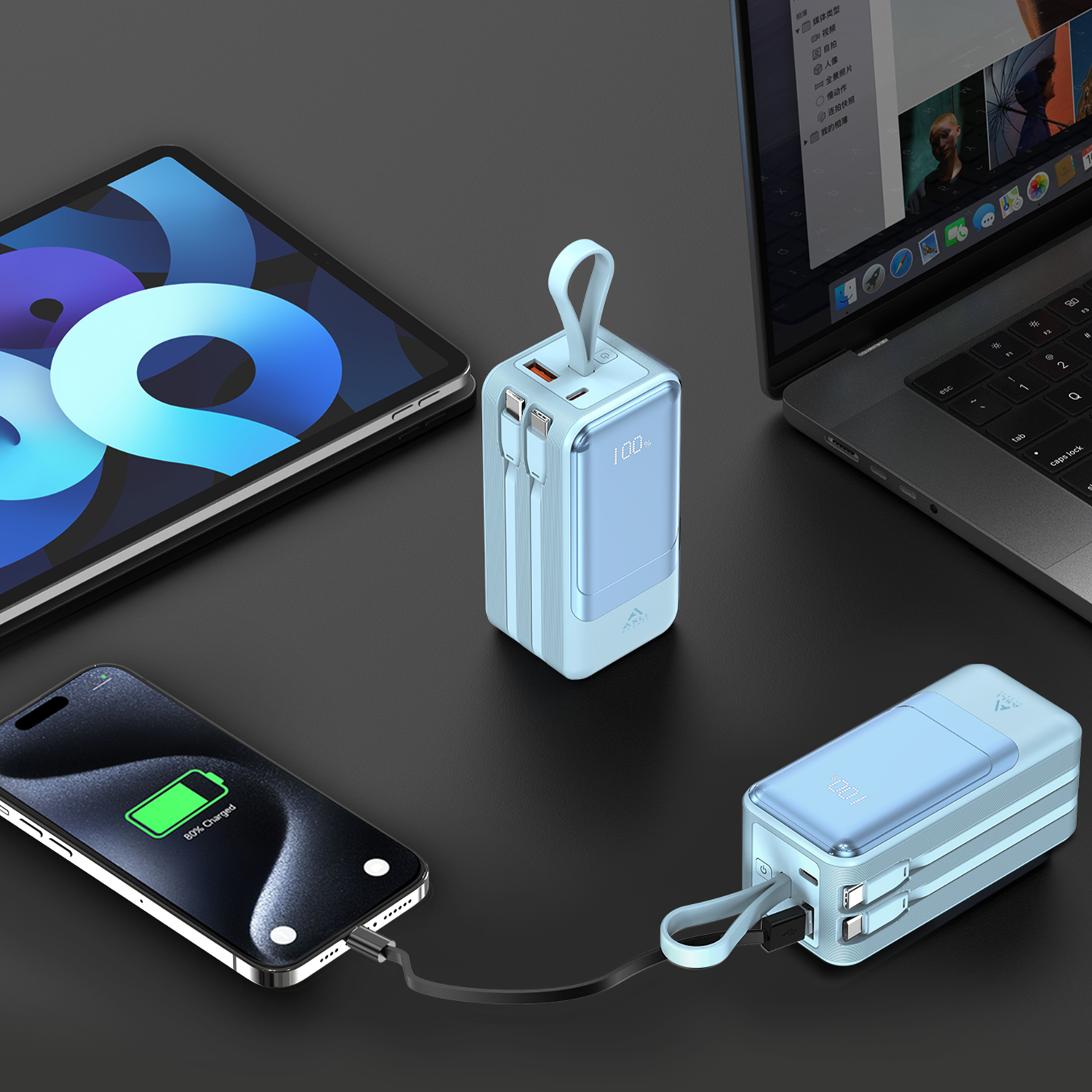 بطارية شحن متنقلة من أسلي جلوبال USB-C كبيل مزدوج 20000 مللي أمبير PD | أزرق بطارية شحن متنقلة من أسلي جلوبال USB-C كبيل مزدوج 20000 مللي أمبير PD | أزرق